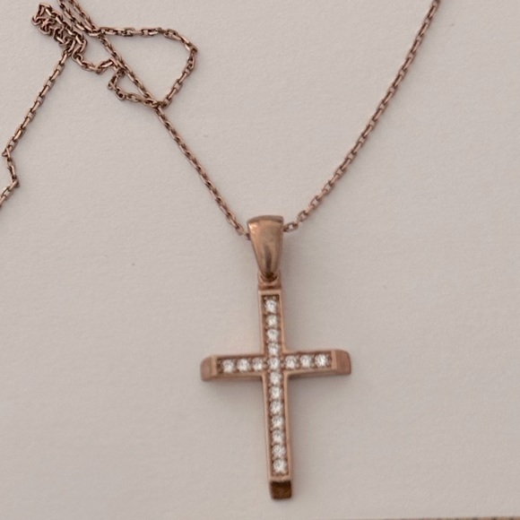 925 Silver cross necklace cz stones 14K rose gold plated - Picture 4 of 6